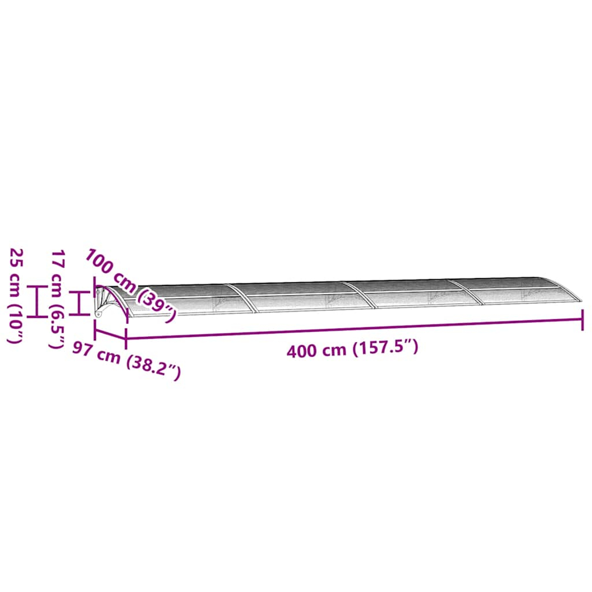 Ein Diagramm zeigt die Maße eines Baldachins. Es ist 400 cm lang, 25 cm hoch, 97 cm breit und 17 cm tief. Maße auch in Zoll.