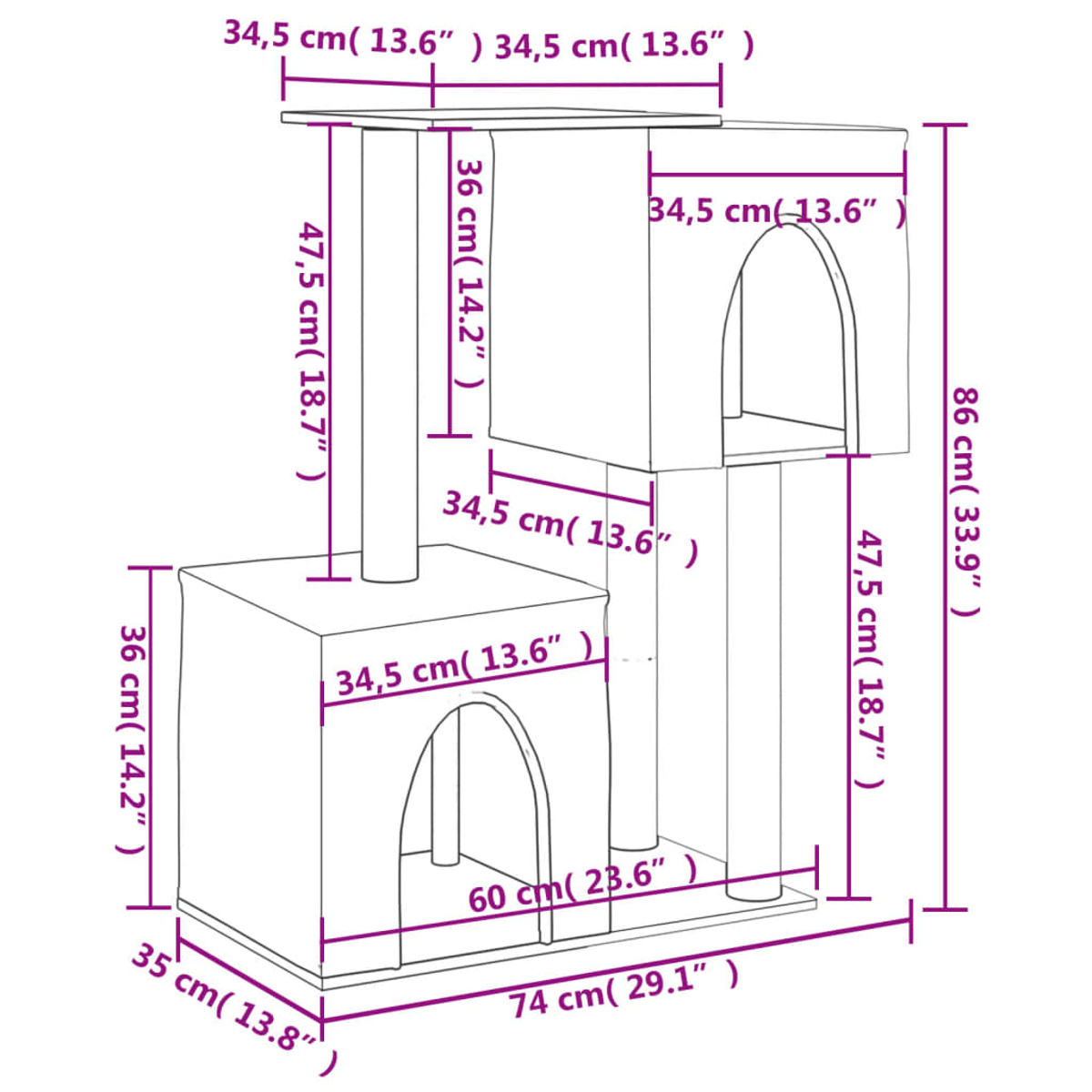Katzenturm mit mehreren Ebenen, Abmessungen in cm und Zoll beschriftet. Mit Boxen, Plattformen und Kratzbäumen.