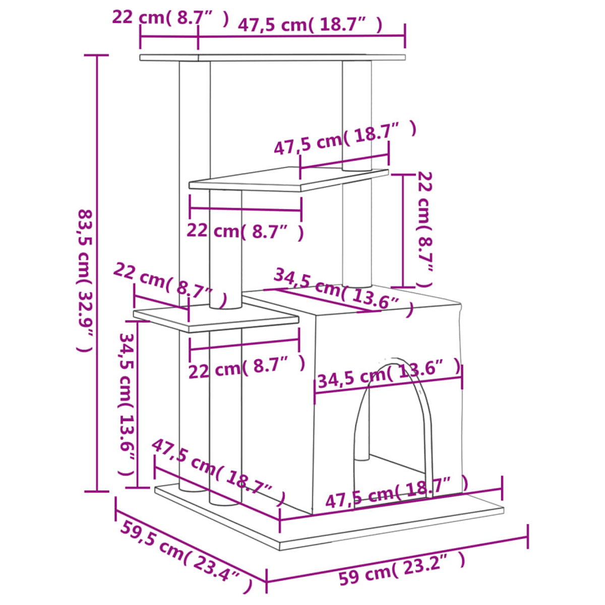 Ein Katzenbaum mit mehreren Plattformen, einem Katzenhaus und Abmessungen in cm und Zoll, mit weißem Hintergrund.