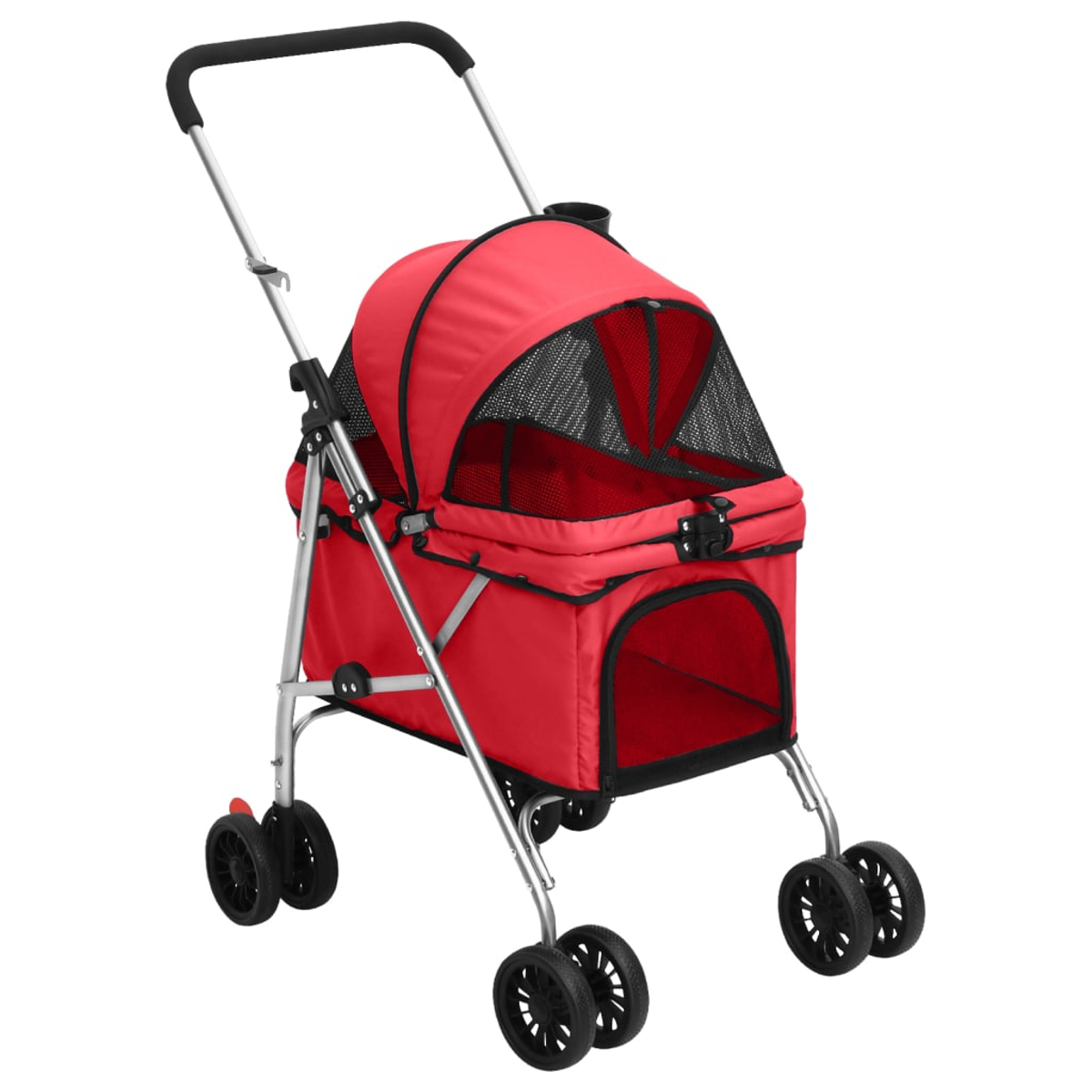 Ein roter Tierkinderwagen mit schwarzem Mesh-Verdeck. Er hat vier schwarze Räder, einen Griff und einen Getränkehalter. Auf weißem Hintergrund.