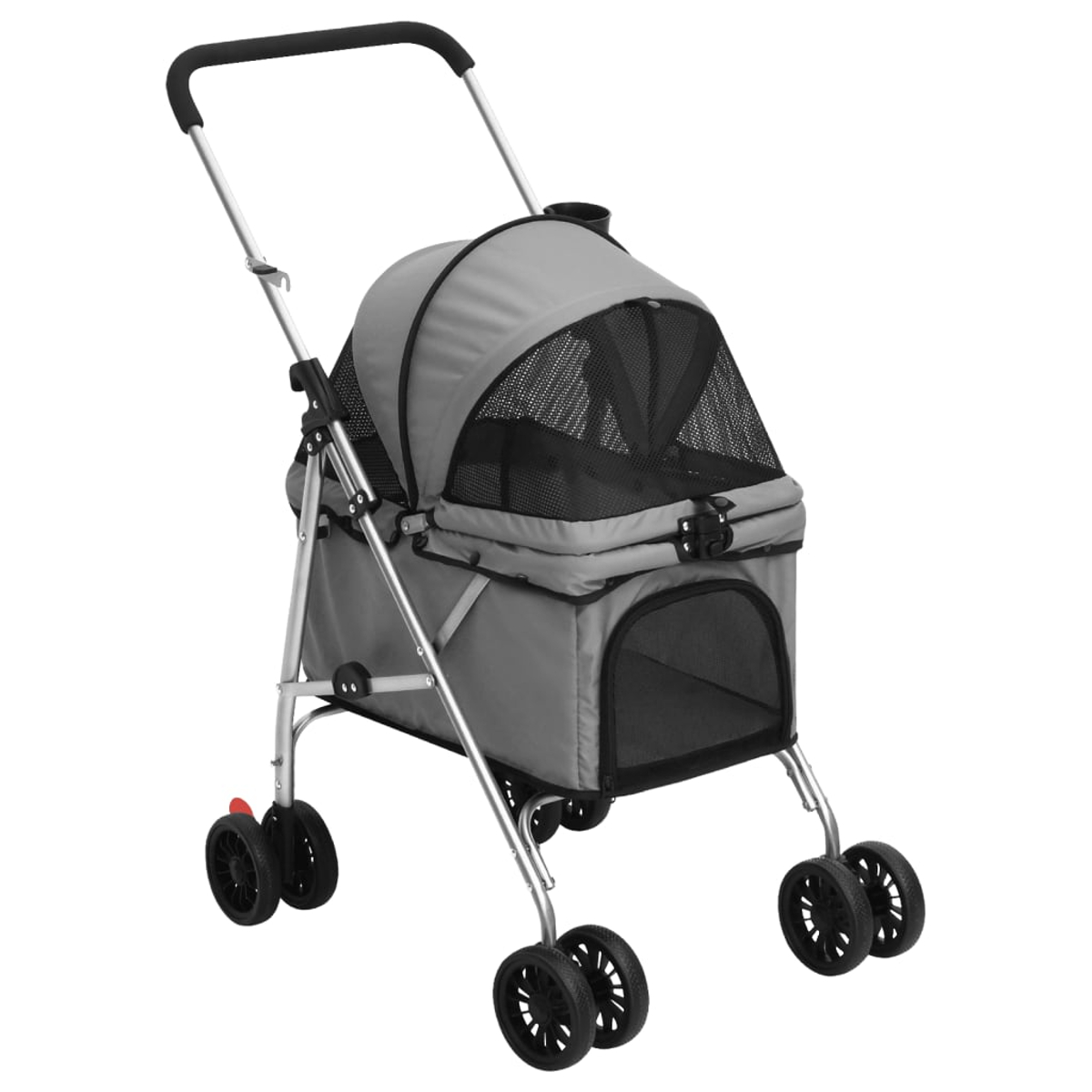 Ein grauer Tierkinderwagen mit schwarzen Rädern, einem Netzdach und einem schwarzen Griff. Er befindet sich auf weißem Hintergrund.