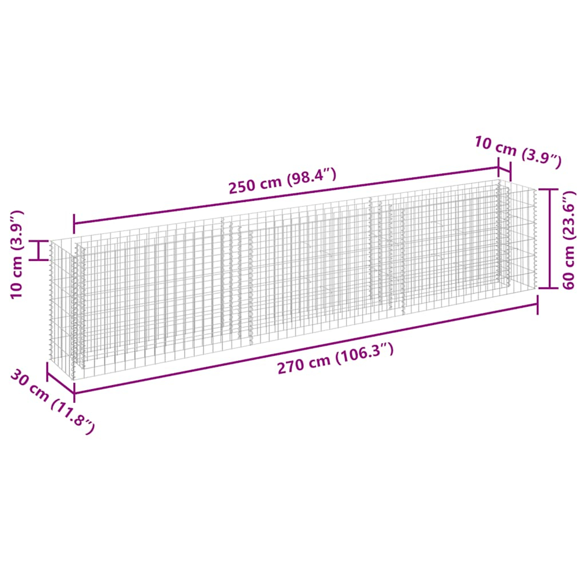 Ein rechteckiges Drahtgeflecht mit den angegebenen Abmessungen: 270 cm lang, 60 cm hoch und 30 cm tief. Maße in cm und Zoll.