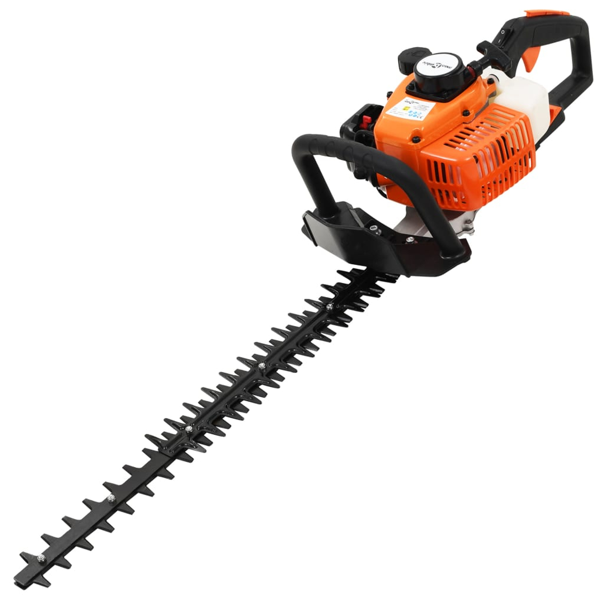 Eine orangefarbene und schwarze Heckenschere mit langer schwarzer Klinge, abgewinkelt auf weißem Hintergrund.