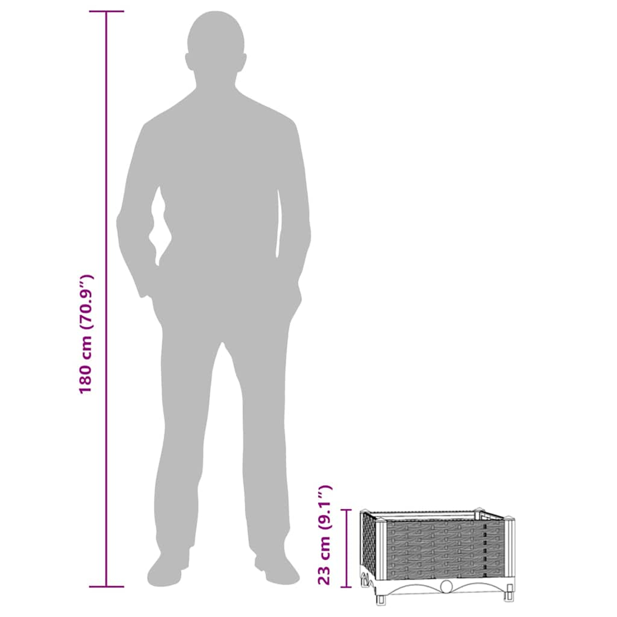 Eine Silhouette einer Person steht neben einem kleinen rechteckigen Pflanzgefäß. Abmessungen werden für beide angegeben, die Höhe und Länge.