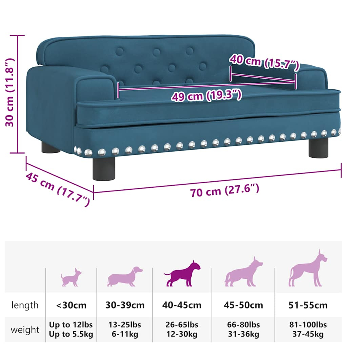 Blaues Hundesofa mit Maßangaben. Es hat silberne Nieten, schwarze Beine und eine Größentabelle für Hunde.
