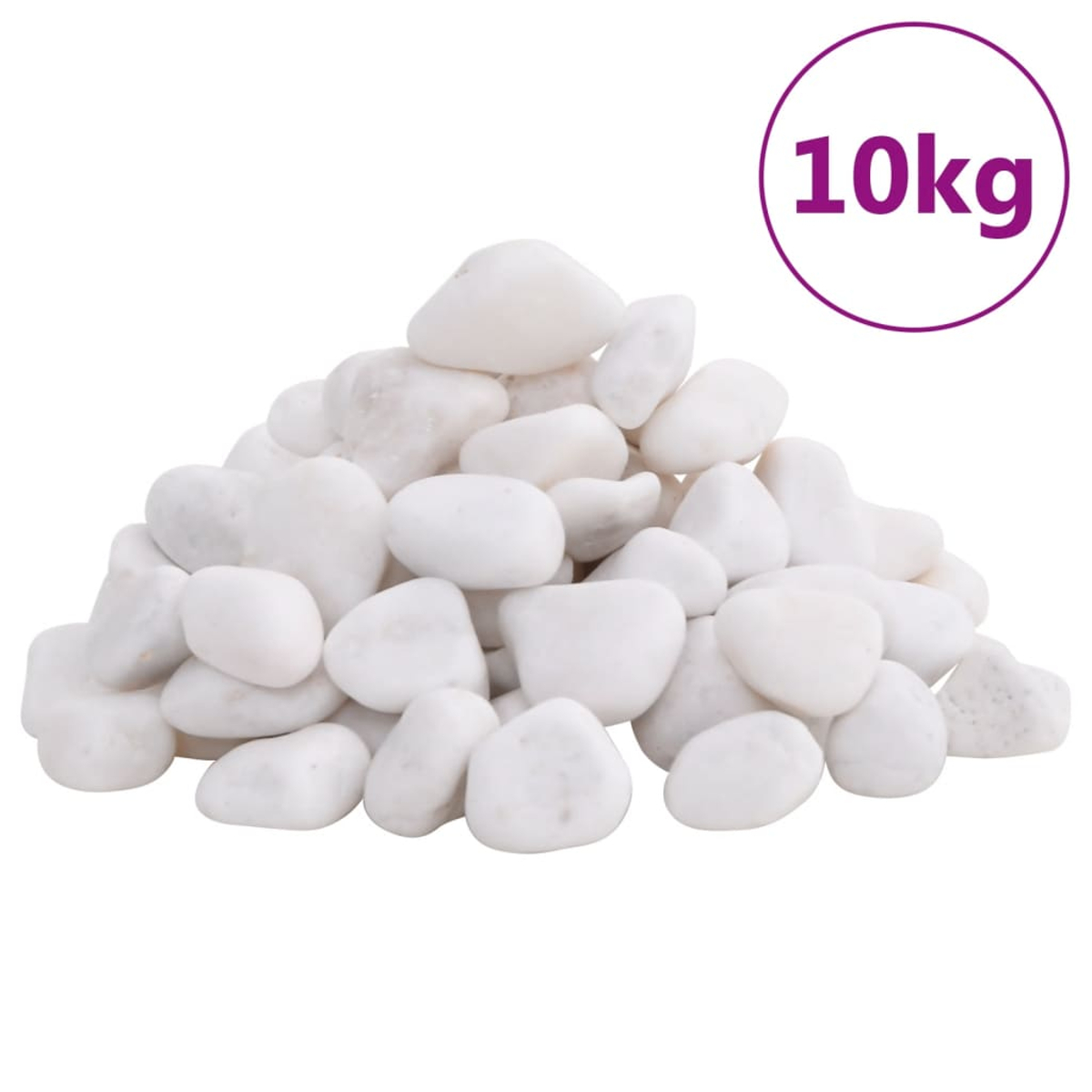 Ein Haufen weißer, glatter Steine. Ein violetter Kreis mit weißem Schriftzug '10kg' ist oben rechts.