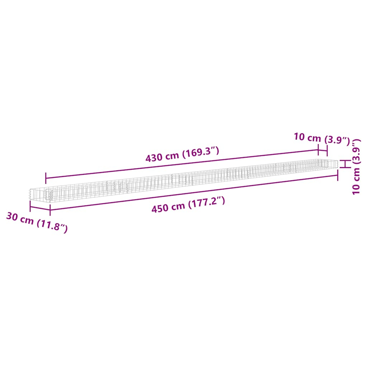 Ein rechteckiges Objekt mit Maßangaben. Die Länge beträgt 450 cm, die Breite 10 cm und die Höhe 30 cm. Alle Maße sind angegeben.