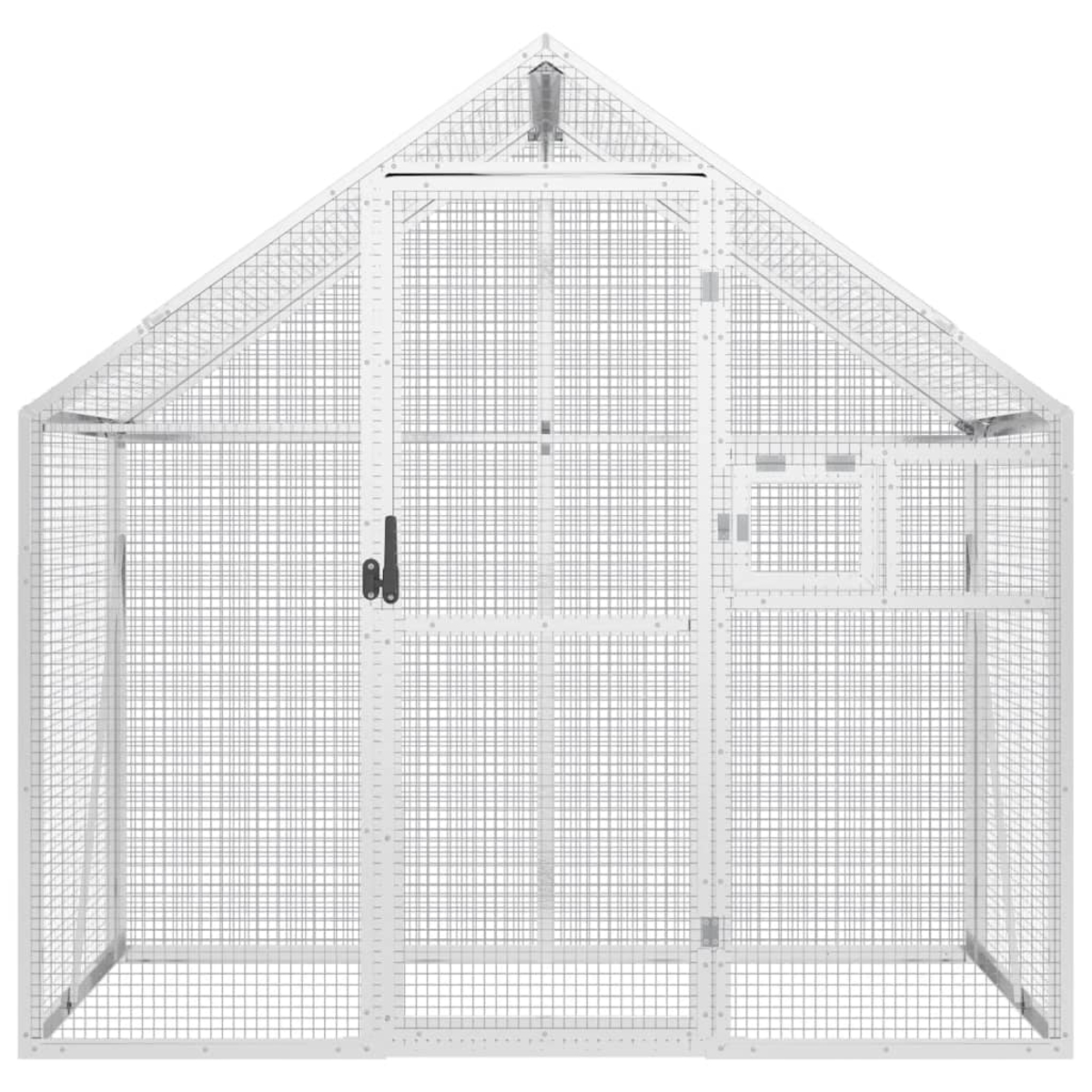 Ein weißes Vogelhaus aus Metall. Es hat ein Satteldach, eine Tür und besteht aus einem Drahtgeflecht. Der Hintergrund ist weiß.