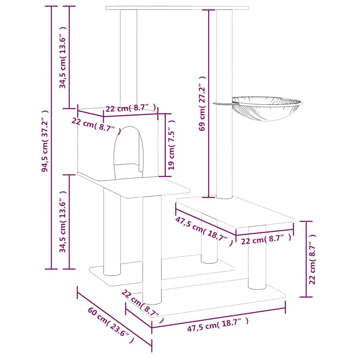 Kratzbaum-Diagramm mit Abmessungen in cm und Zoll. Enthält Plattformen, ein Katzenhaus, eine Hängematte und Stützpfosten.