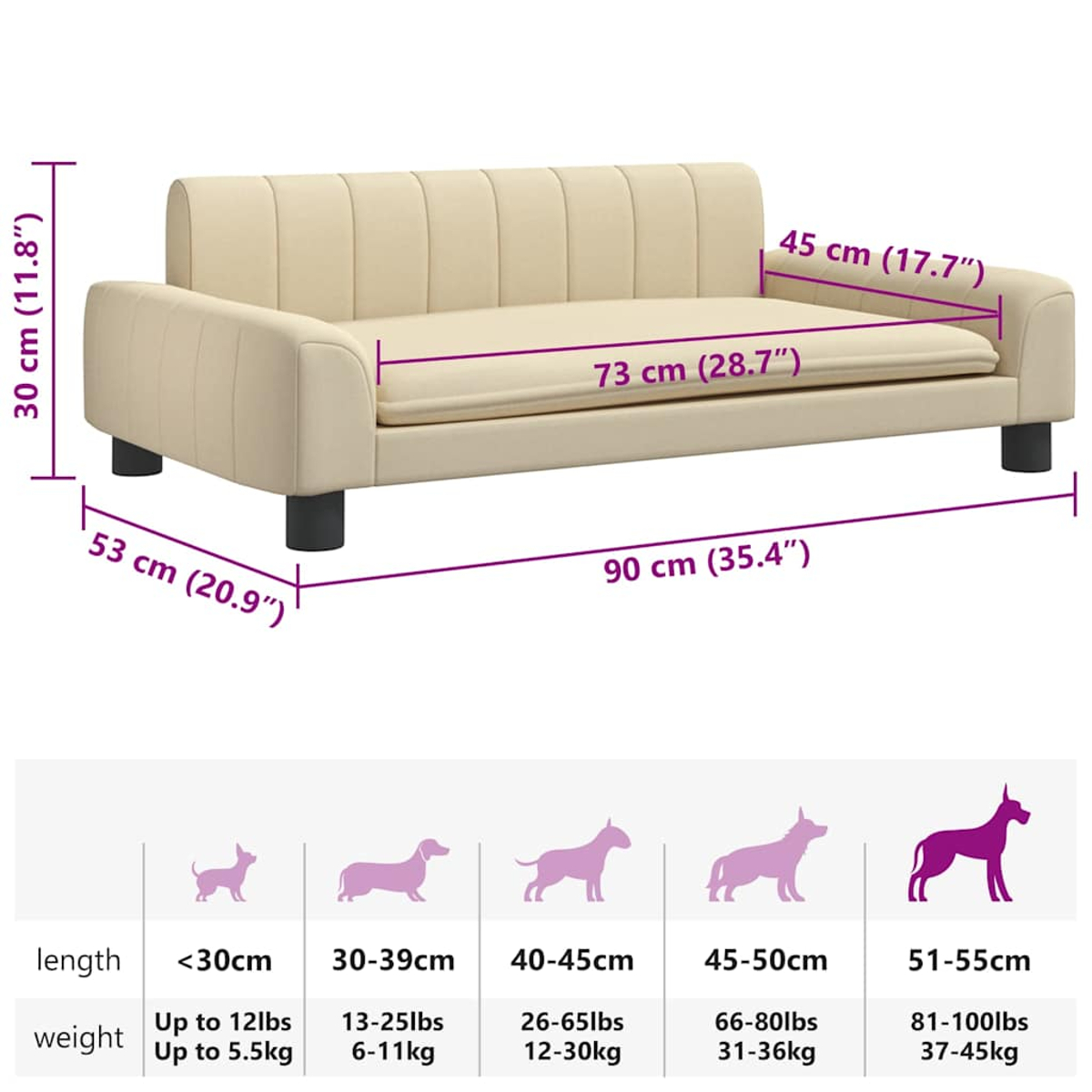 Beiges Hundesofa mit Abmessungen und einer Tabelle mit Hundegrößen und -gewichten.