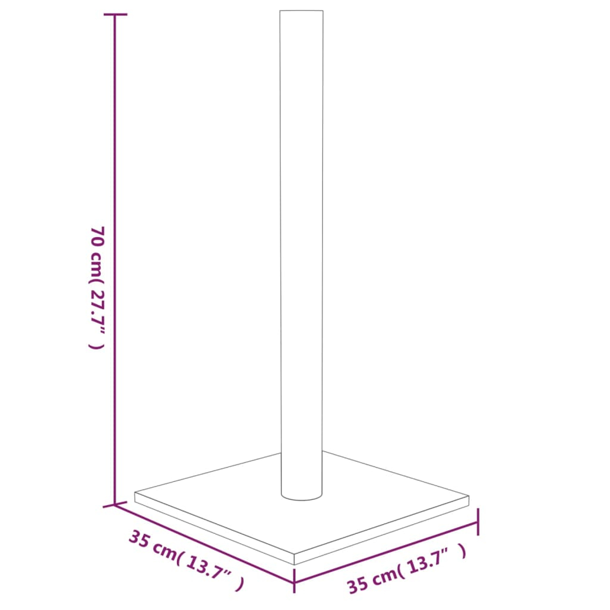 Ein Diagramm eines hölzernen Kratzbaums für Katzen. Es hat eine quadratische Basis, einen vertikalen Pfosten und Abmessungen in cm und Zoll.