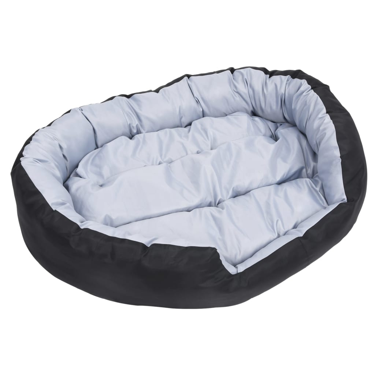 Ein ovales, schwarz-graues Haustierbett. Das Bett hat eine schwarze Außenseite mit einem grauen, gepolsterten Innenraum.