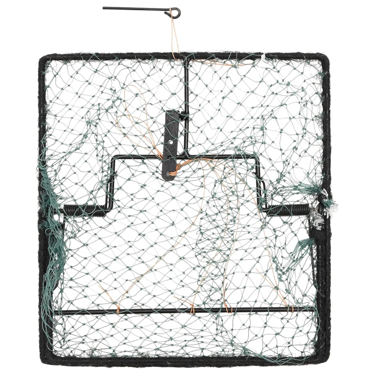 Quadratische Fischfalle aus Drahtgeflecht mit Netz. Schwarzer Rahmen und Rand. Enthält einen Aufhängehaken.