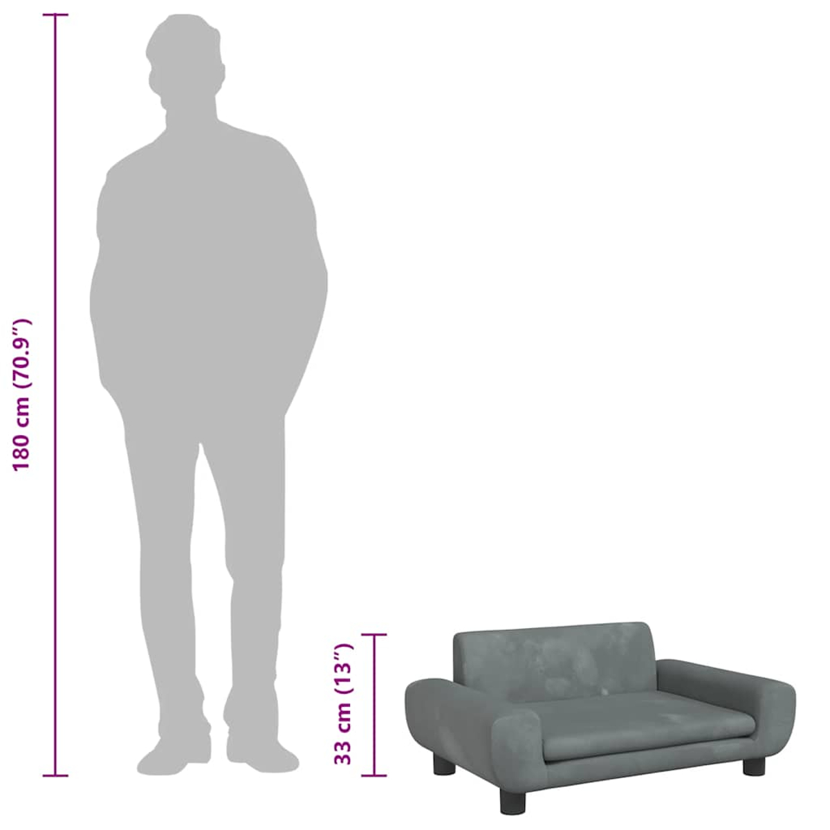 Eine Silhouette einer Person steht neben einem kleinen grauen Haustiersofa. Abmessungen sind angegeben: Person 180 cm, Sofa 33 cm.