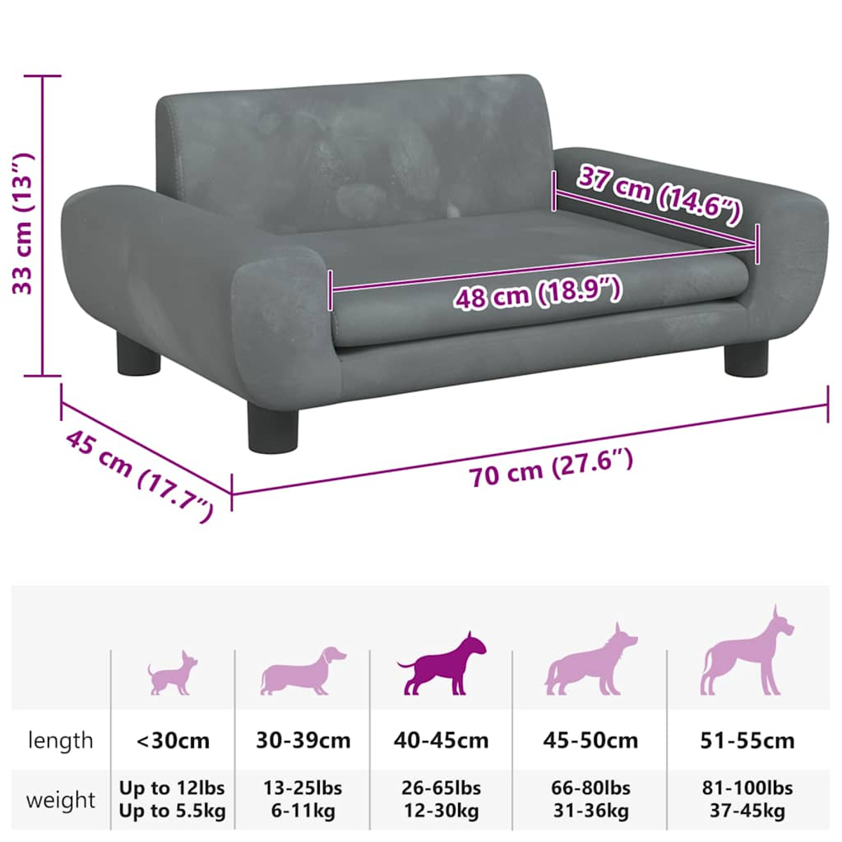 Graues Hundebett mit Maßangaben. Es enthält eine Größentabelle für Hunde, die Längen- und Gewichtsbereiche zeigt.