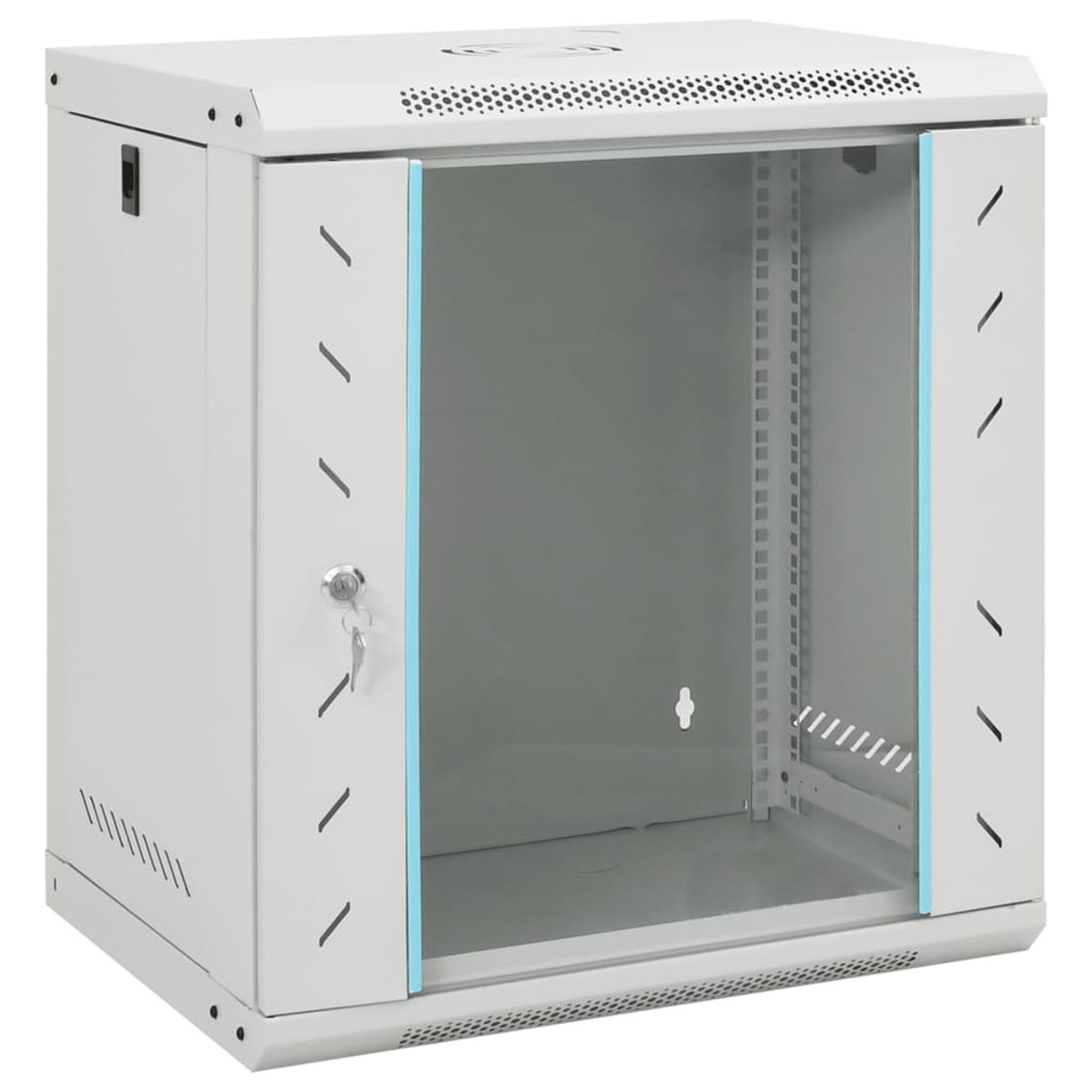 Ein weißer Serverschrank mit Schlüsselschloss. Der Schrank hat eine Glastür mit blauem Rand und Lüftungslöchern oben und unten.