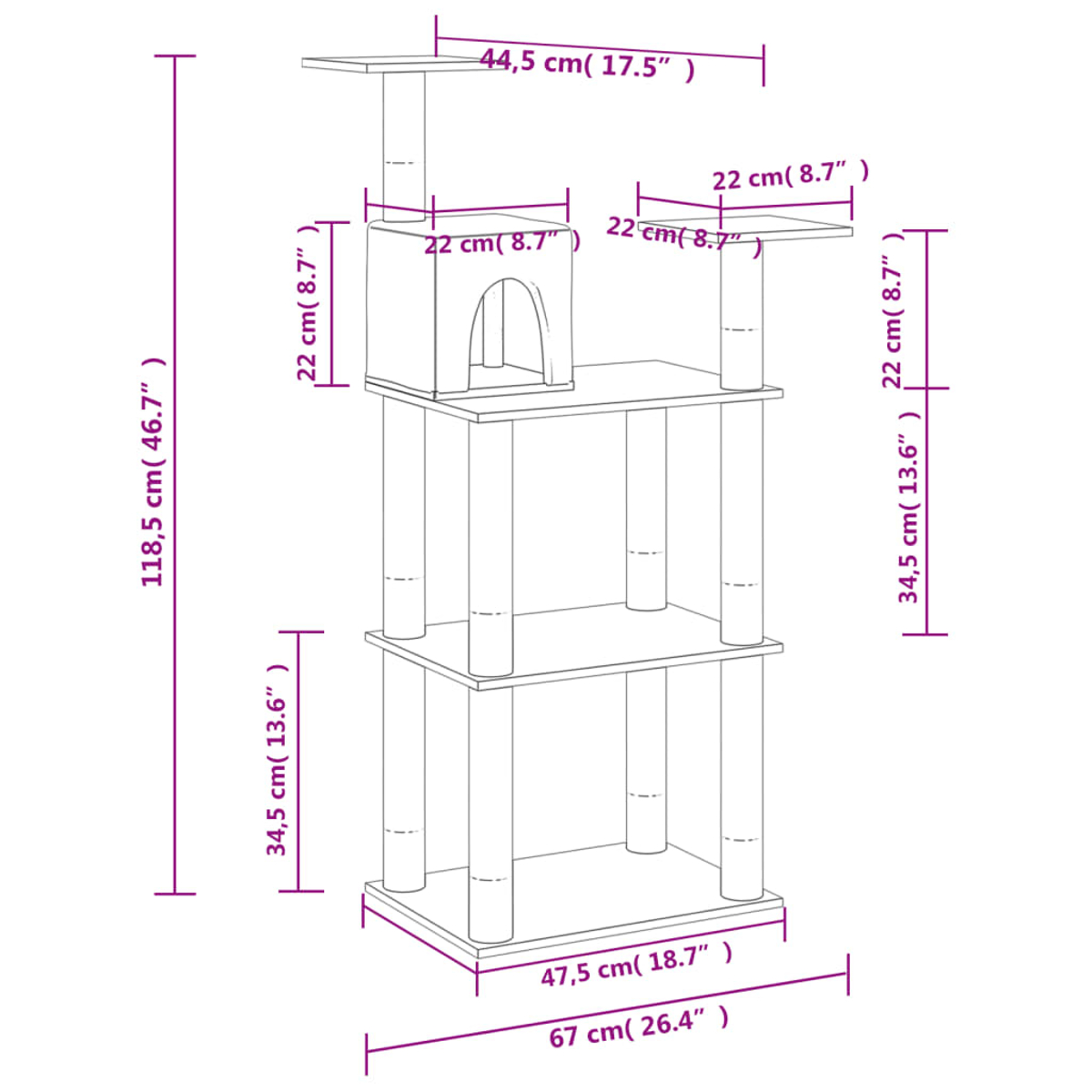 Diagramm eines Katzenturms mit Maßen, einschließlich Plattformen, einem hausartigen Aufbau und Kratzbäumen.