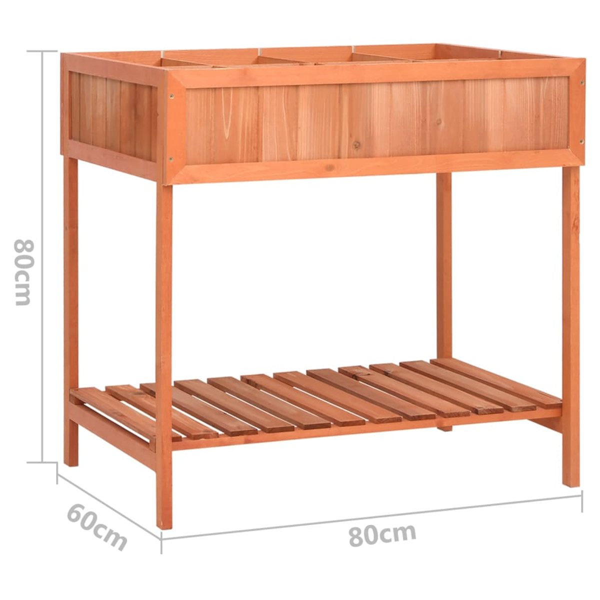 Ein hölzernes Hochbeet mit beschrifteten Abmessungen. Es hat einen oberen Bereich zum Bepflanzen und ein unteres Regal. Das Holz ist hellbraun.