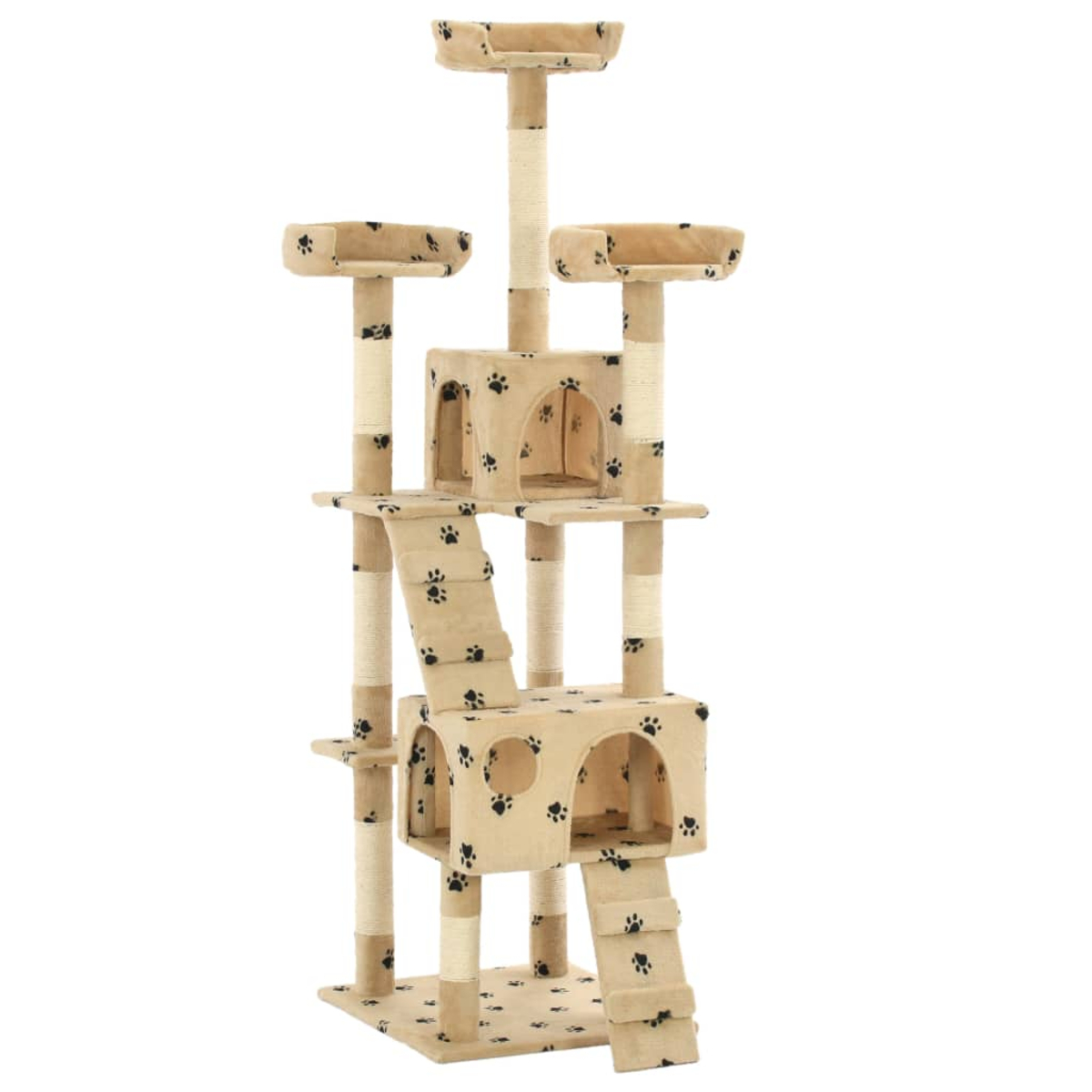 Ein beiger Katzenbaum mit mehreren Plattformen, Kratzbäumen und geschlossenen Verstecken. Mit Pfotenabdrücken und kleinen Treppen.