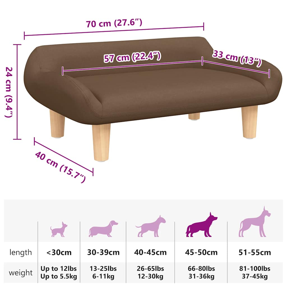 Ein braunes Hundebett mit Holzbeinen und beschrifteten Abmessungen. Enthält eine Größentabelle mit Hundesilhouetten und Maßen.