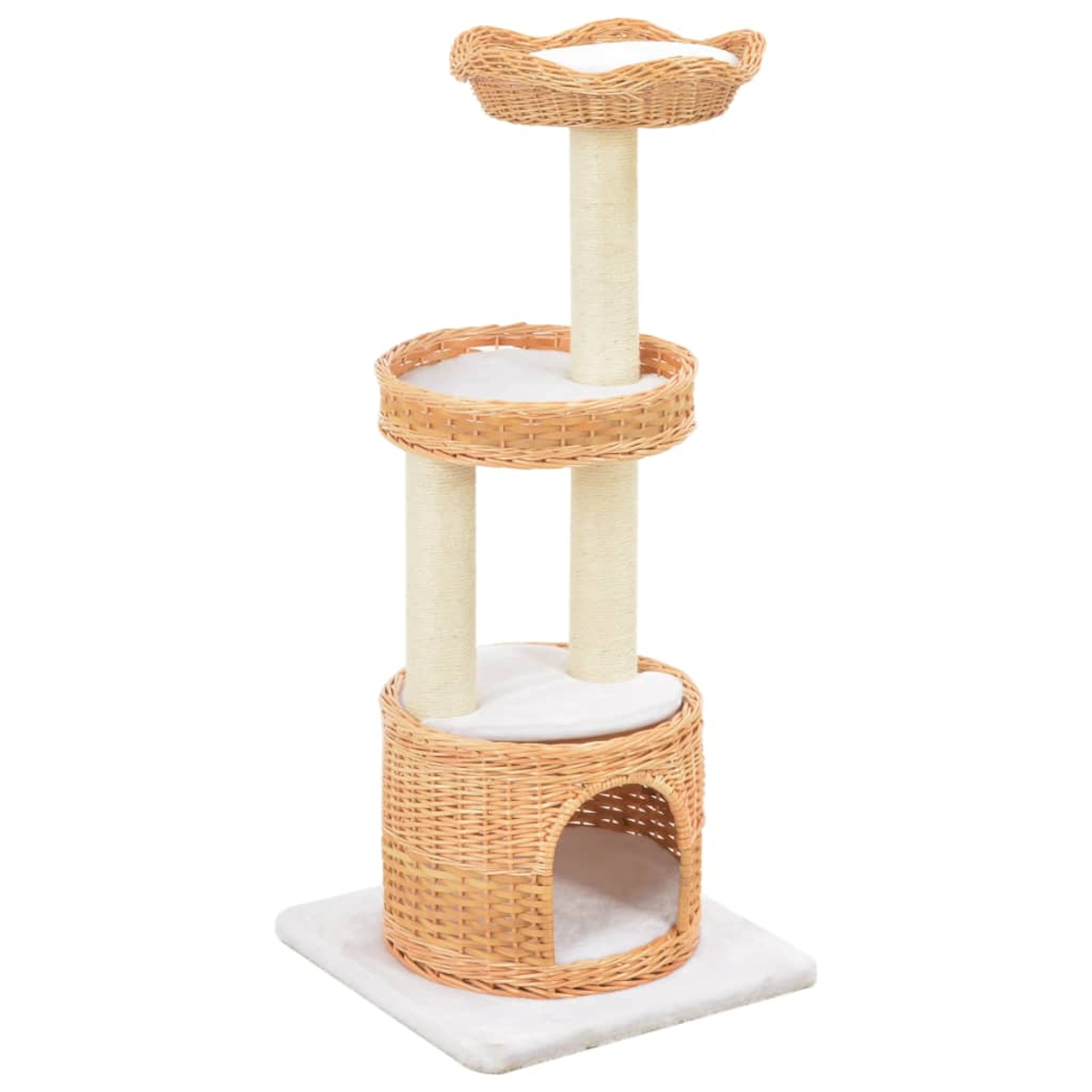 Ein Katzenbaum mit mehreren Ebenen, geflochtenen Körben und Kratzbäumen. Er hat eine Basis und eine obere Sitzstange.
