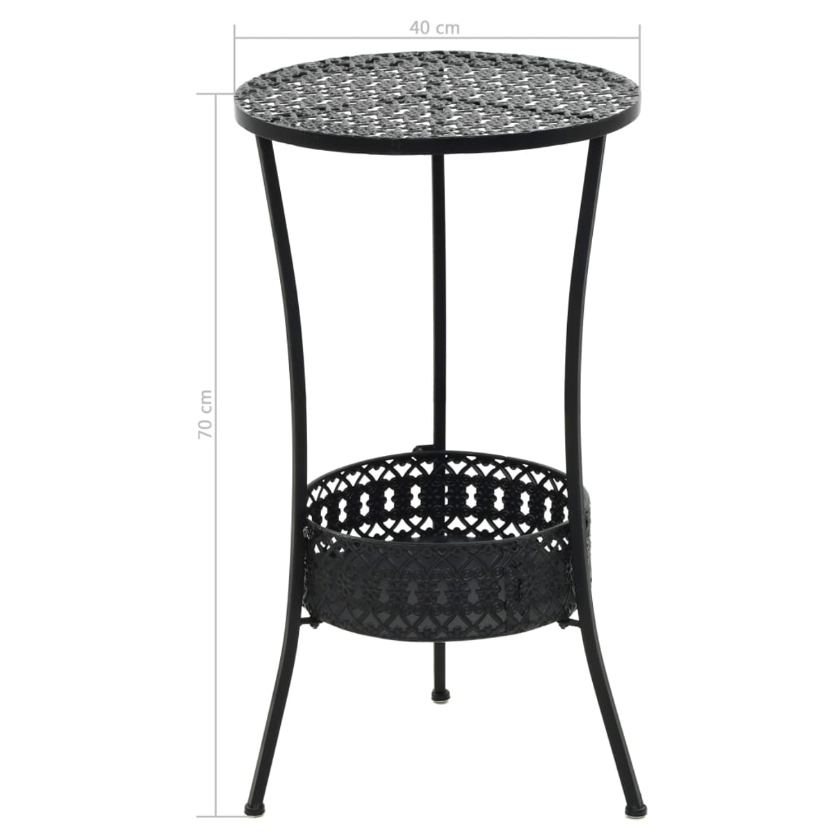 Ein schwarzer Beistelltisch aus Metall mit runder Oberfläche und dekorativem Pflanzenhalter. Maße: 40x70 cm.
