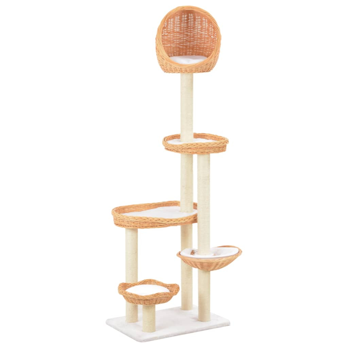 Ein Katzenbaum mit mehreren Ebenen, darunter Körbe und Plattformen, aus beige- und beigefarbenen Materialien, auf weißem Hintergrund.