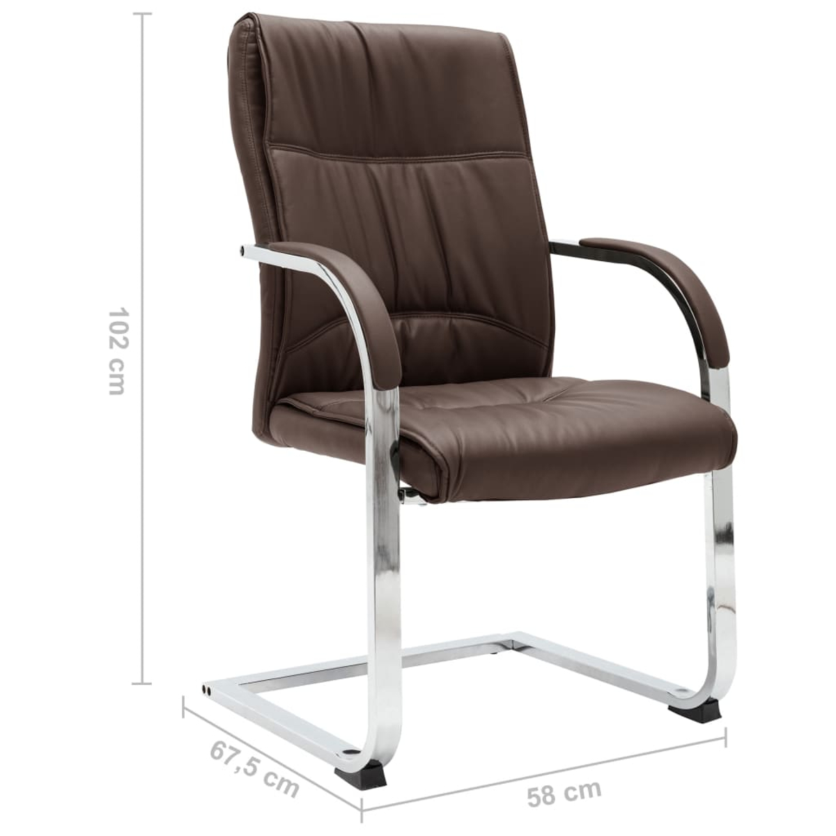Ein brauner Ledersessel mit Chrombeinen. Die Abmessungen sind angegeben: 102 cm hoch, 67,5 cm breit und 58 cm tief.