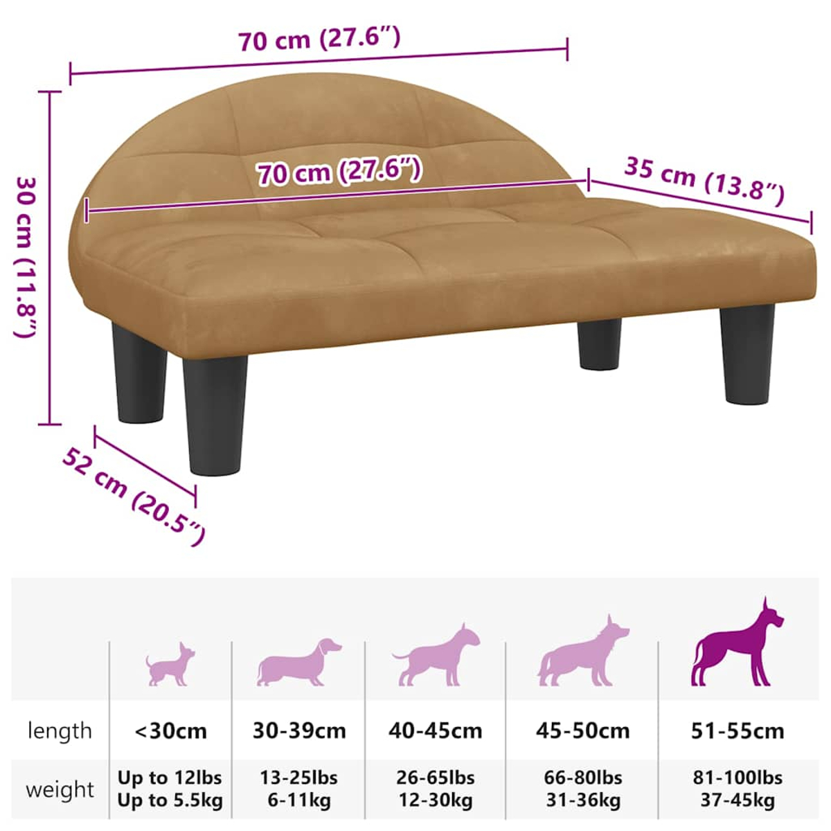 Ein braunes, gepolstertes Haustiersofa mit schwarzen Beinen. Abmessungen und Größenübersicht für Hunde.