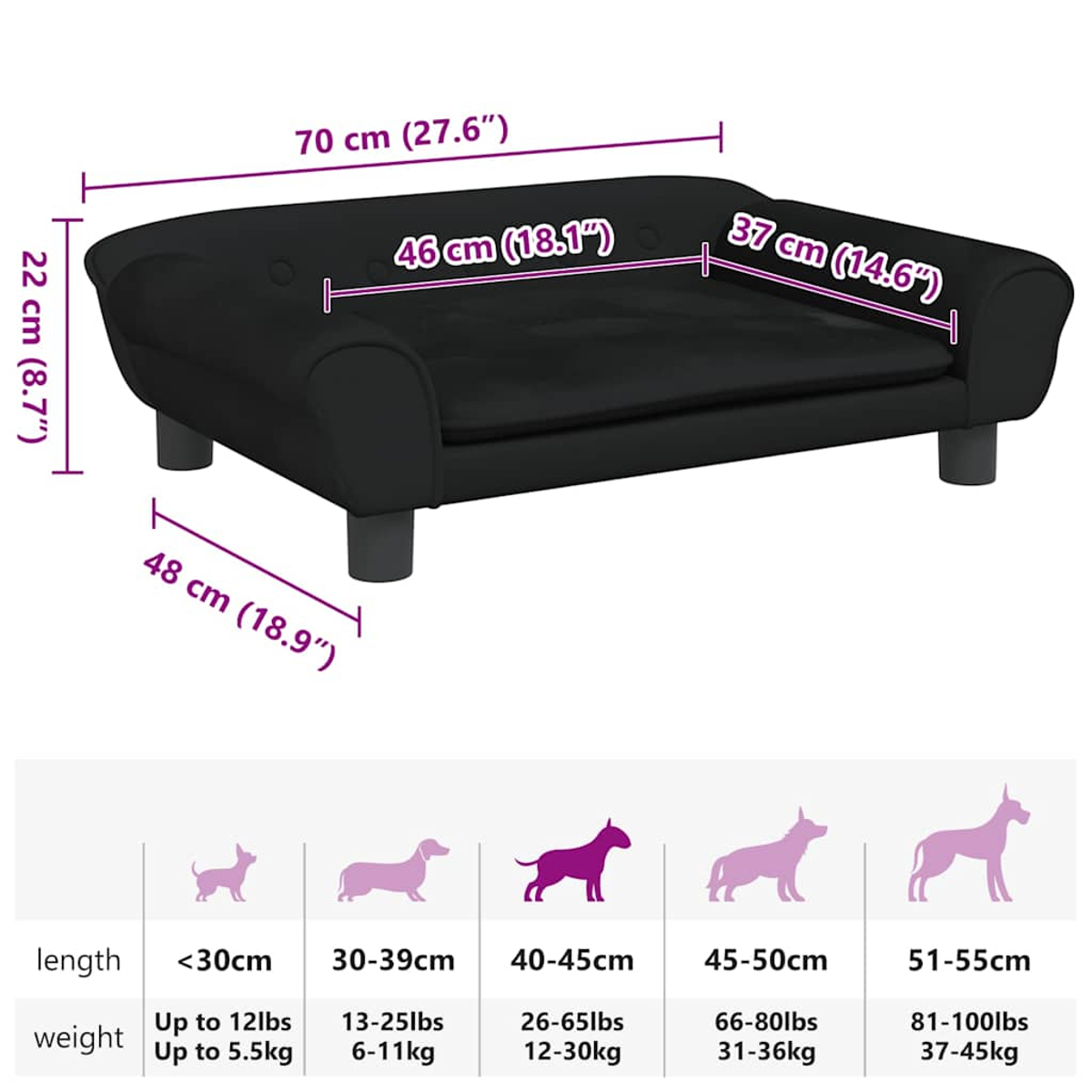 Schwarzes Hundebett mit Abmessungen in cm und Zoll. Größenübersicht für Hunde nach Länge und Gewicht ist unten gezeigt.