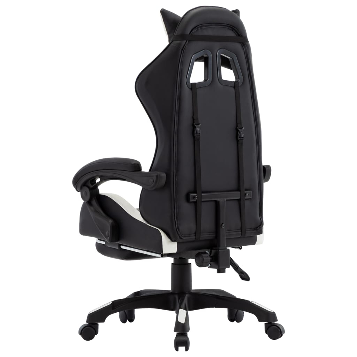 Ein schwarz-weißer Gaming-Stuhl. Der Stuhl hat eine hohe Rückenlehne mit zwei Öffnungen, Armlehnen und einem Fünf-Rollen-Fuß.