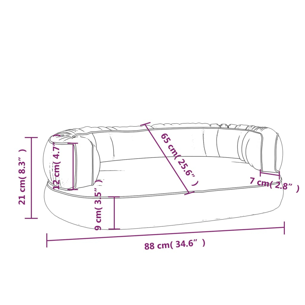 Ein Bild zeigt die Abmessungen eines weißen, oval geformten Sofas. Maße umfassen Länge, Breite und Höhe in cm und Zoll.