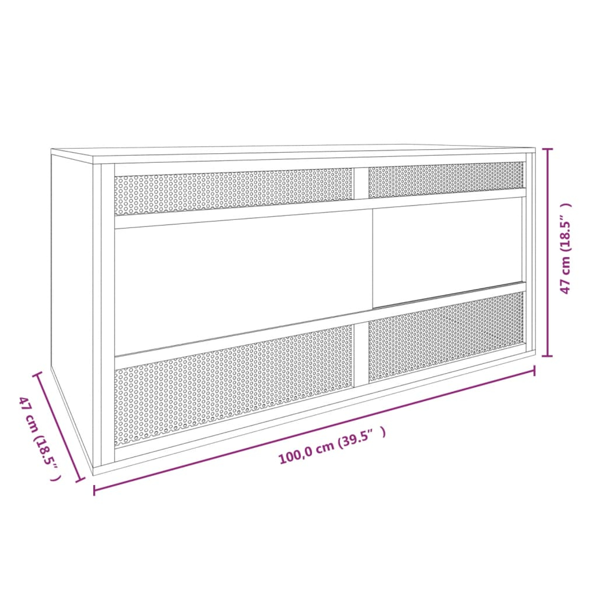 Ein weißer Schrank mit perforierten Paneelen und Maßangaben in Zentimetern und Zoll.