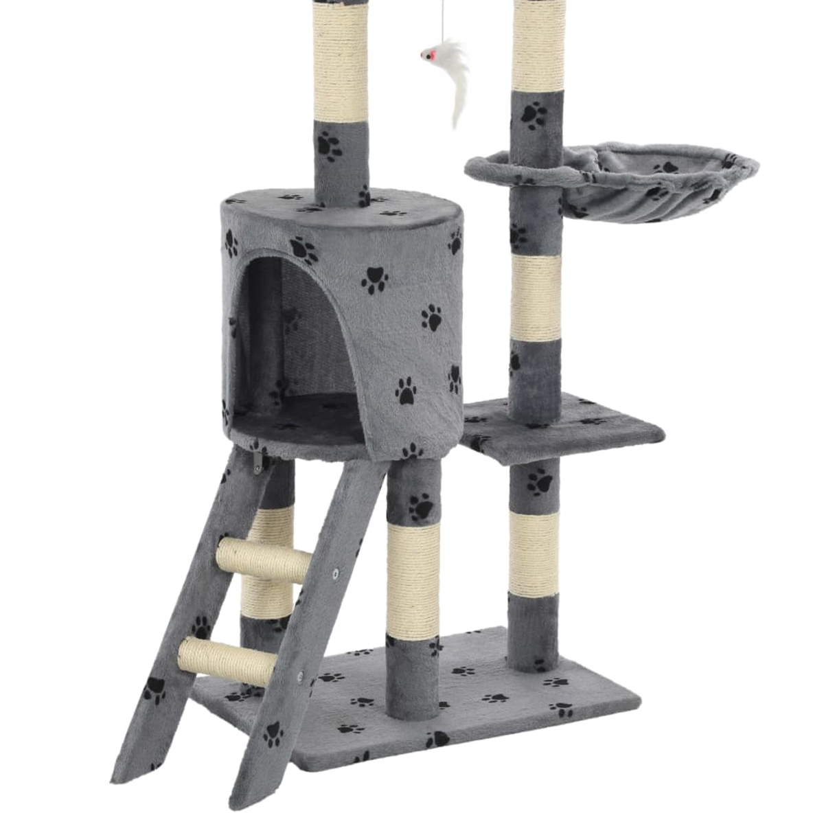 Grauer Katzenbaum mit Pfotenabdrücken, Leiter, Bett und hängender Spielzeugmaus. Beige Säulen stützen die Struktur.