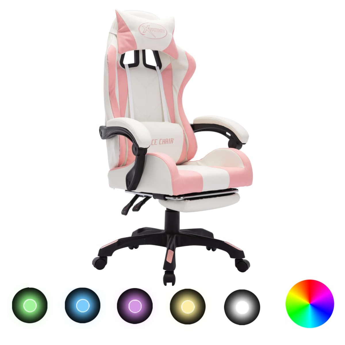 Ein weiß-rosa Gaming-Stuhl mit schwarzen Akzenten. Er hat eine Kopfstütze und eine Fußstütze. Verschiedene farbige Lichtoptionen befinden sich darunter.
