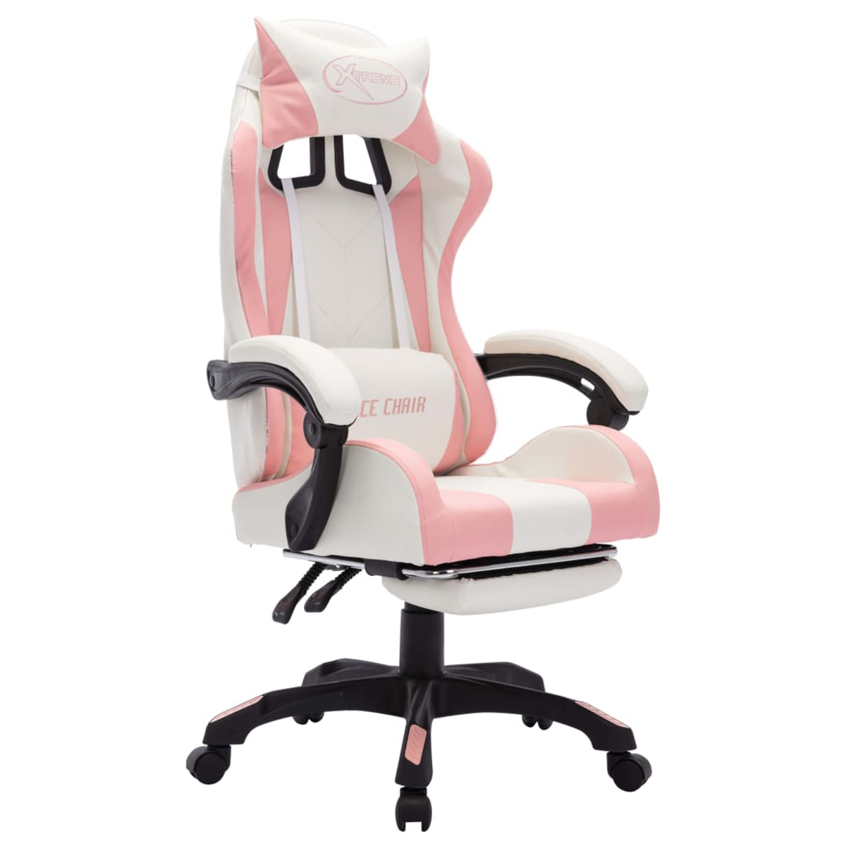 Ein weiß-rosa Gaming-Stuhl. Er hat eine Kopfstütze mit dem Wort 'Xtreme', Armlehnen und eine Fußstütze. Der Stuhl hat ein schwarzes Gestell.