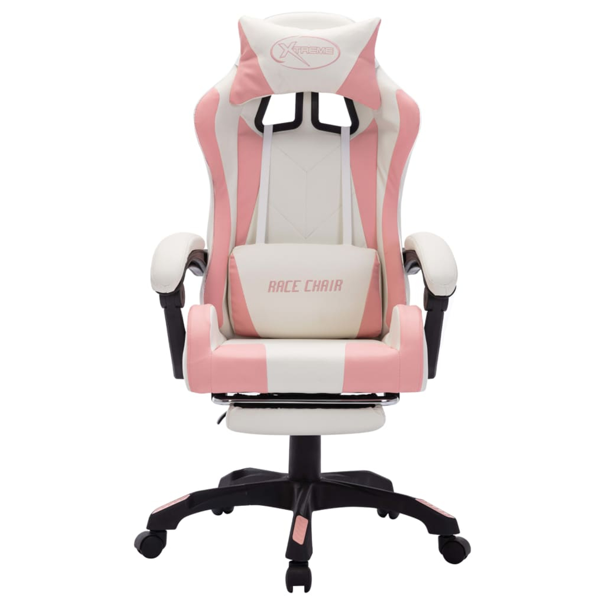 Ein pink-weißer Gaming-Stuhl mit dem Schriftzug 'RACE CHAIR' auf der Lendenwirbelstütze. Der Stuhl steht auf einem schwarzen Gestell mit Rollen.