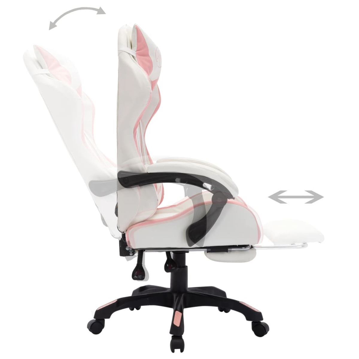 Ein weiß-rosa Gaming-Stuhl mit verstellbaren Armlehnen und Fußstütze. Pfeile zeigen die Verstellbarkeit von Rücken und Fußstütze an.