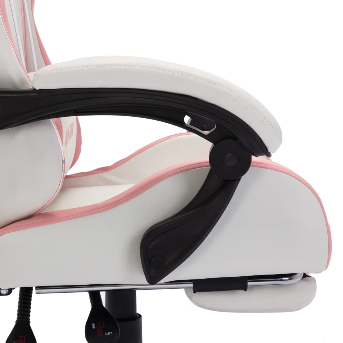 Nahaufnahme eines weißen und rosa Gaming-Stuhls mit schwarzen Armlehnen. Der Stuhl hat rosa Verzierungen und steht vor weißem Hintergrund.