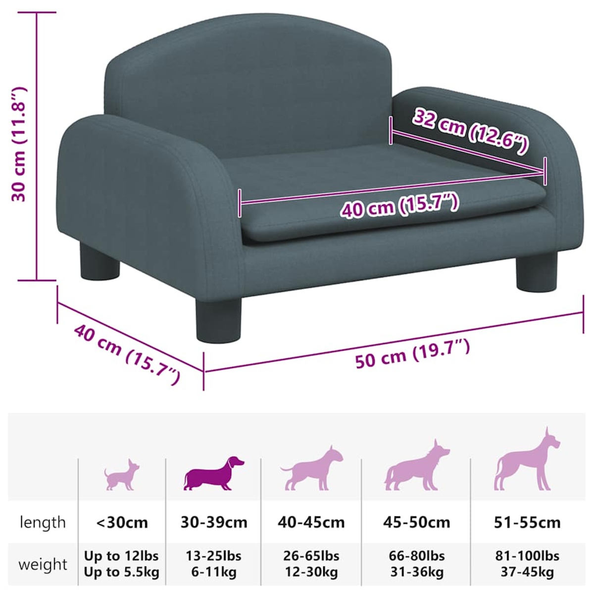 Kleines graues Hundesofa mit Maßangaben. Darunter eine Größentabelle für Hunde nach Länge und Gewicht.