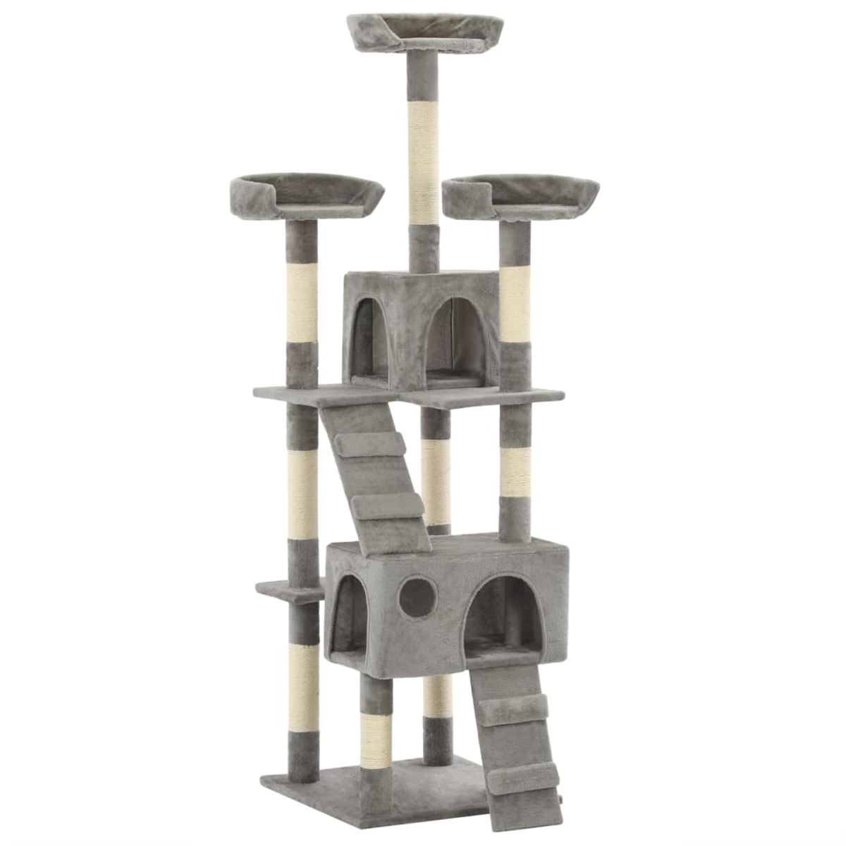 Ein mehrstöckiger Katzenbaum mit grauen Plattformen, Höhlen und mit Sisal umwickelten Pfosten. Inklusive Treppen und einer oberen Sitzstange.