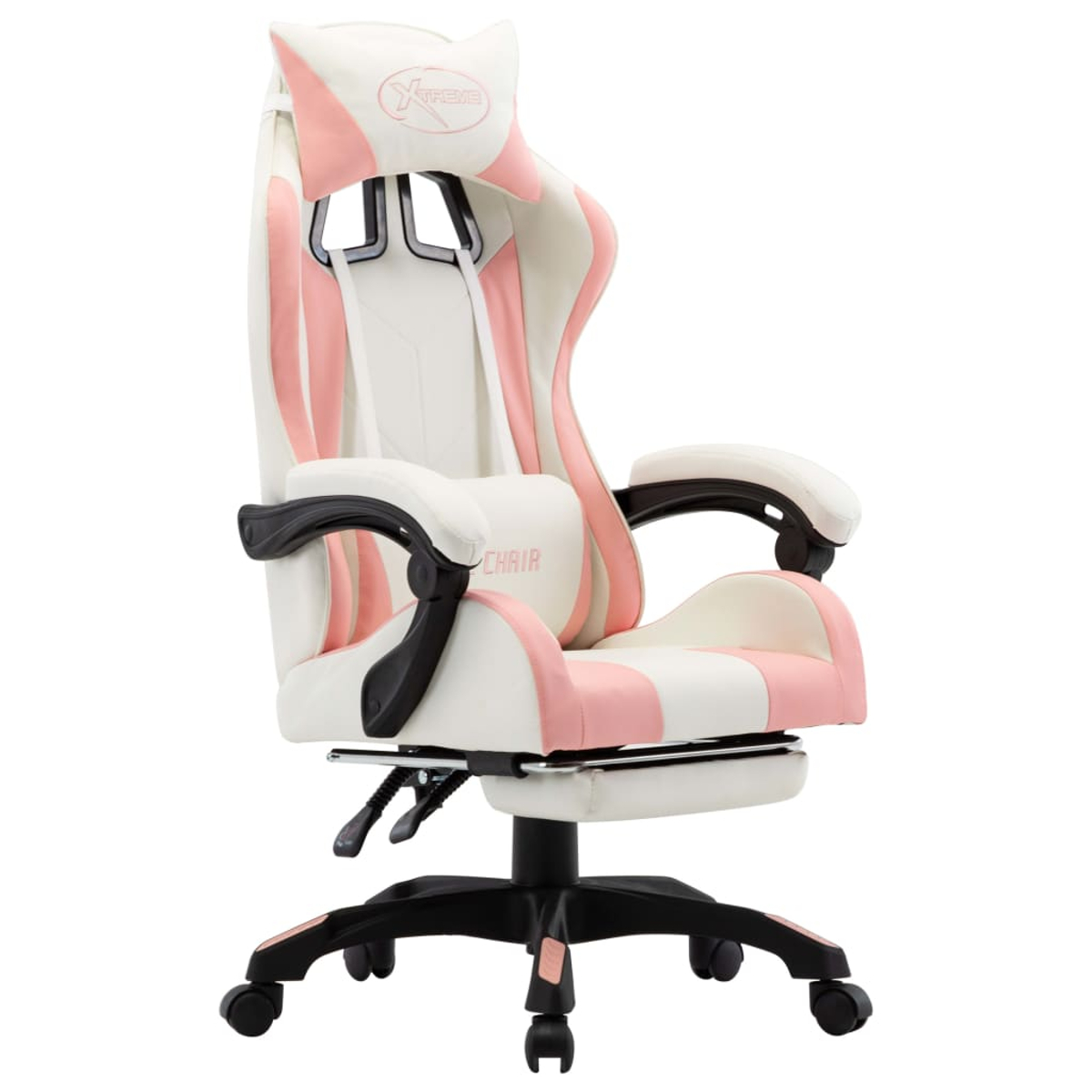 Ein weiß-rosa Gaming-Stuhl mit Kopfstütze. Er hat ein Fünf-Rollen-Gestell und schwarze Armlehnen. Der Stuhl steht auf weißem Hintergrund.