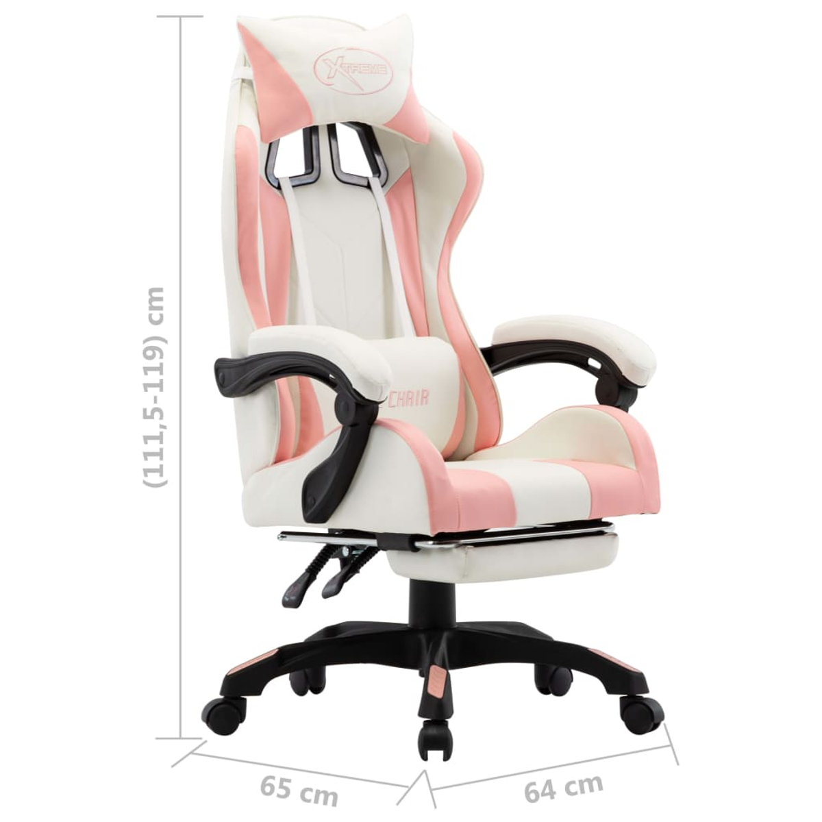 Ein weiß-rosa Gaming-Stuhl mit schwarzen und goldenen Akzenten. Er hat eine Kopfstütze, Armlehnen und eine Fußstütze. Abmessungen sind angegeben.