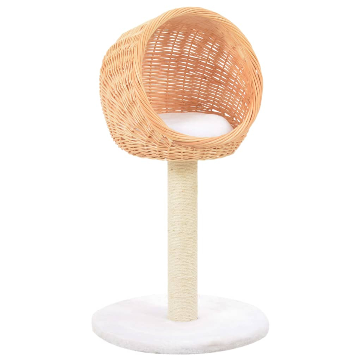 Ein Katzenbaum mit einem geflochtenen Korb-Bett oben. Der Sockel und die Stange sind hellbeige. Das Bett hat ein weißes Kissen.