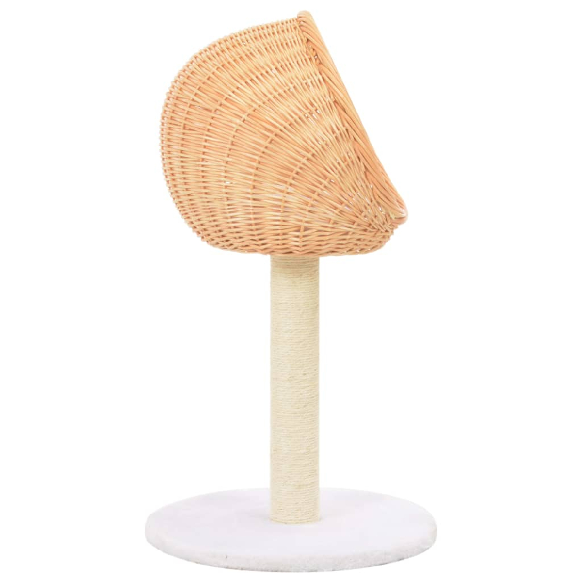 Ein Katzenbaum mit einem gewebten Korbtop und einer sisalummantelten Stange, auf einem kreisförmigen weißen Sockel vor weißem Hintergrund.
