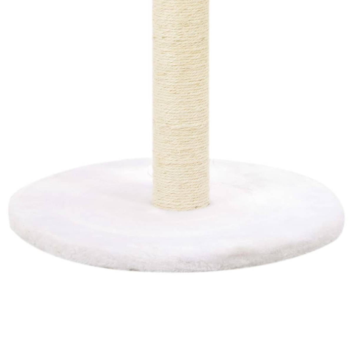 Ein Katzenbaumfuß mit einem zentralen Kratzpfosten. Die Basis ist weiß und flauschig, der Pfosten ist beige und seilartig.