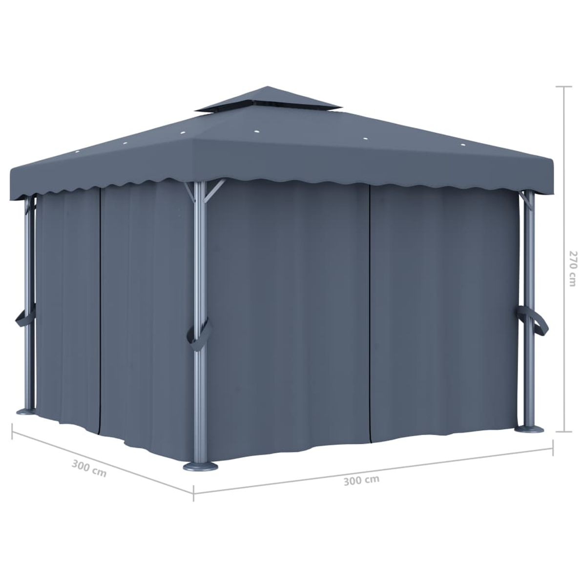 Grauer Pavillon mit Vorhängen. Der Pavillon hat eine quadratische Form, Metallrahmen und ist 300 cm x 300 cm x 270 cm groß. Die Vorhänge sind geschlossen.