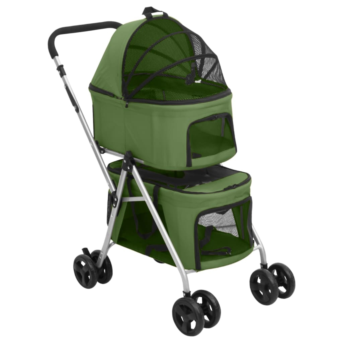 Grüner Tierkinderwagen mit schwarzem Netzverdeck. Er hat vier Räder und einen Griff. Zwei Fächer, eines über dem anderen.
