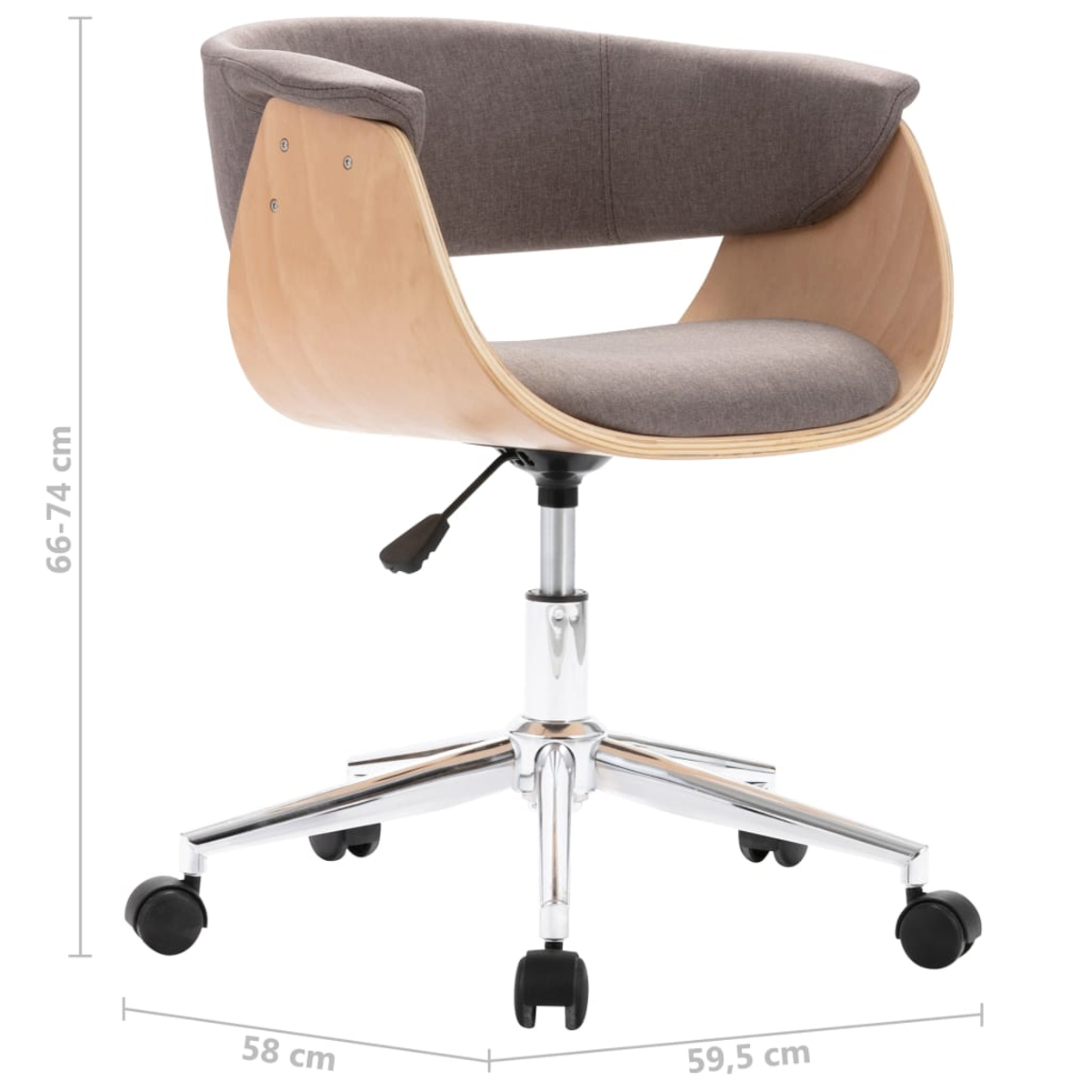 Ein moderner Bürostuhl mit geschwungenem Holzrahmen, grauem Stoffbezug und Rückenlehne. Er hat ein Chromgestell mit Rollen und Höhenverstellung.