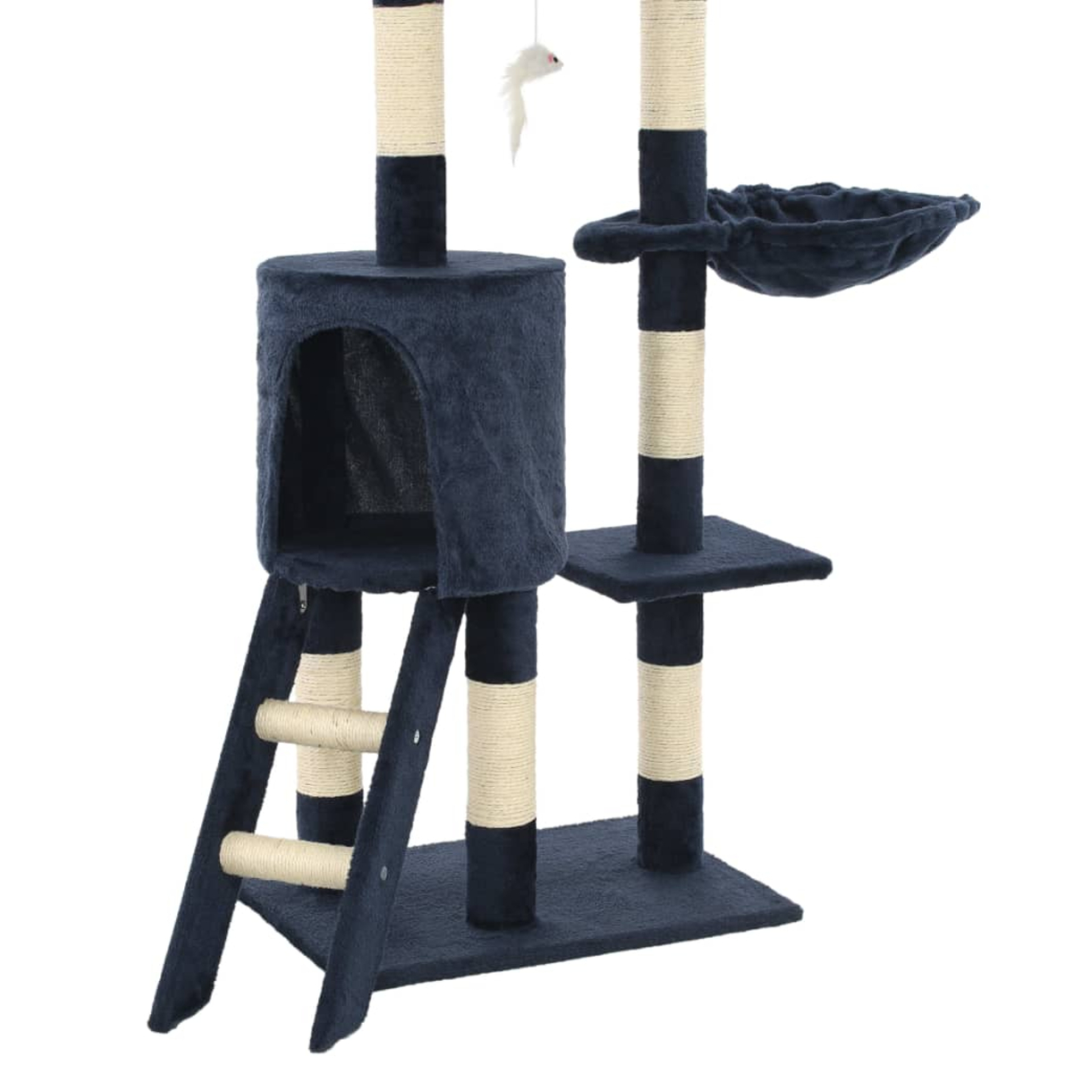 Ein Katzenbaum mit dunkelblauem Stoff und beige umwickelten Pfosten. Er hat ein Katzenhaus, Plattformen, eine Hängematte und eine baumelnde Spielzeugmaus.
